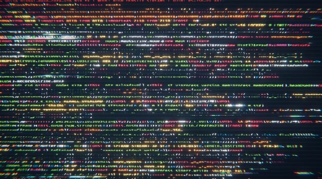 Digital data stream displaying programming code on a screen with glitch effect	