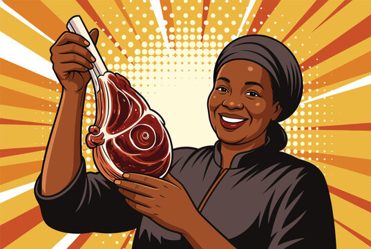 Happy African American woman chef wearing a headwrap smiling while holding a large raw beef rib in pop art comic style.