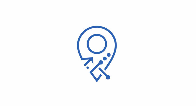 Blue technology location pin icon with circuit lines and dots representing digital navigation and tracking.