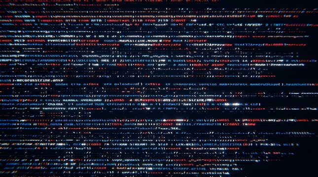 Digital data stream displaying programming code on a screen with glitch effect