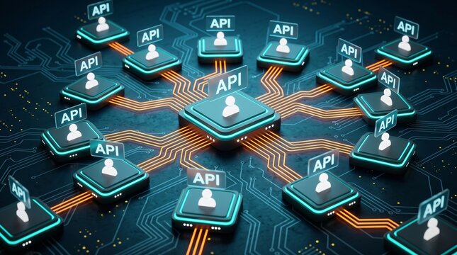 Api Network Connection Concept with Glowing Digital Circuit Board for Software Development and Data Integration