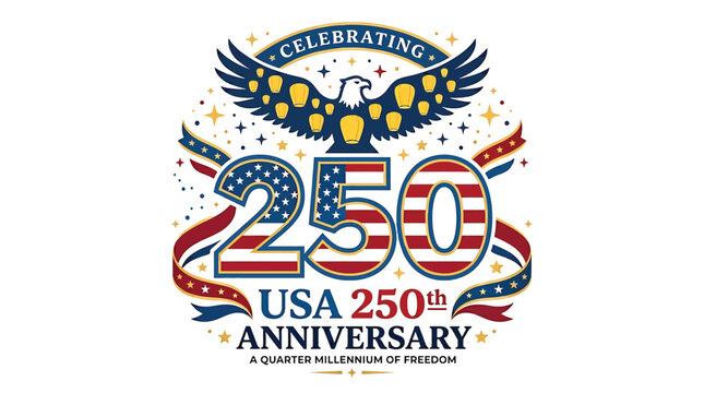 Usa 250th anniversary logo design, 250 years celebration of america, quarter millennium of freedom, patriotic emblem with eagle and stars and stripes, 250th birthday vector illustration