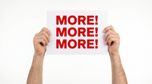 Demand for More with Hands Holding a Sign Displaying the Word More Repeatedly Symbolizing Desire for Growth