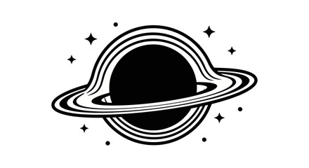 Black and White Vector Illustration of a Ringed Planet with Stars © Tudey