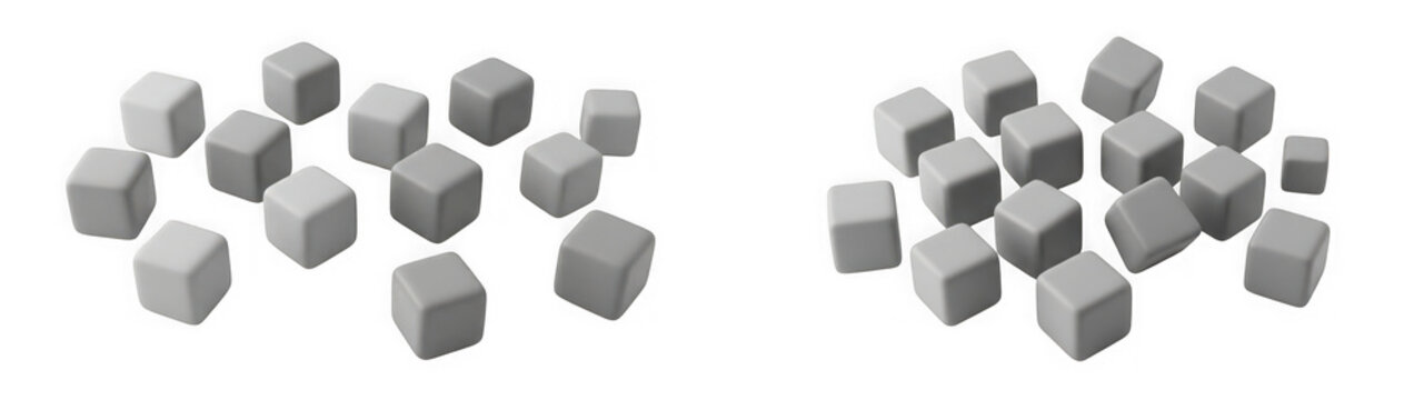 3d render of a collection of scattered grey cubes isolated on transparent background