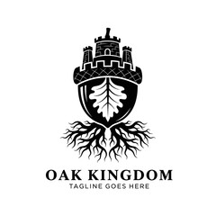 Strong graphic depicting an acorn with castle battlements and complex roots. Ideal for established corporate identities. © Lenzz