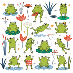 Obraz premium Cartoon frogs collection, cute green frog vector illustrations and pond flora set
