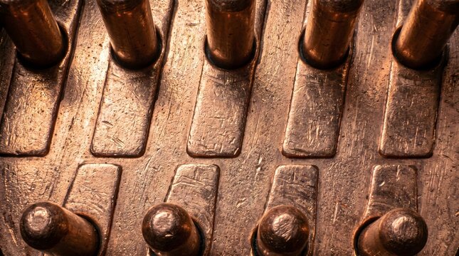 Close up of old electrical switchboard with copper contacts, vintage technology and retro design macro close-up, technology detail, industrial background