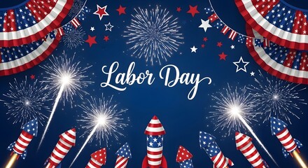 Fototapeta premium Labor day celebration background with fireworks and american flag rockets