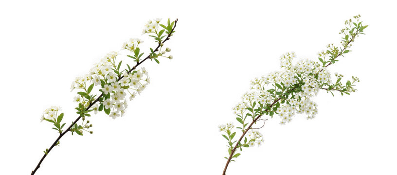 Two branches of blooming spiraea with small white flowers isolated on transparent background