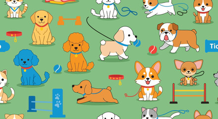 Fototapeta premium cartoon dogs with pet toys and accessories in vibrant vector illustration