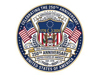 Fototapeta premium United states semiquincentennial 250th anniversary logo, 17762026, commemorative emblem with american flags, eagle, and shield, patriotic design for independence day celebration