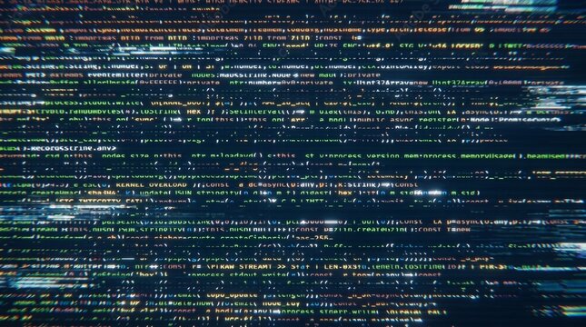 Digital data stream displaying programming code on a screen with glitch effect