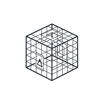 Isometric Wireframe Cube Structure Featuring Geometric Shape Icons for Modern Data Visualization and Interface Design Projects