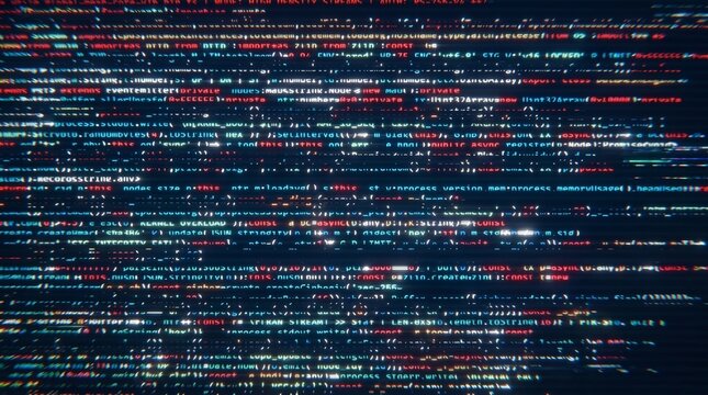 Digital data stream displaying programming code on a screen with glitch effect