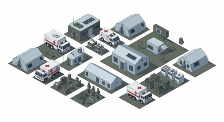 Isometric medical emergency response camp with tents and ambulances. © Vario
