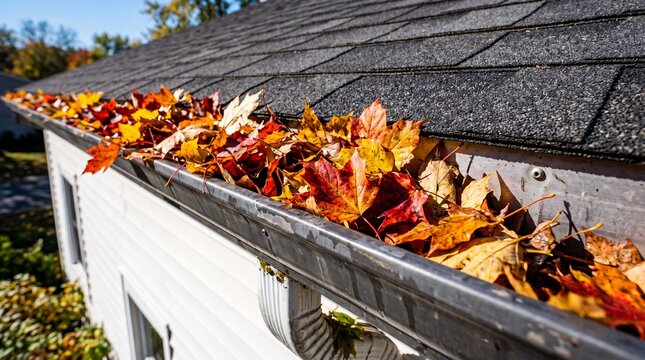 Closeup of a house roof gutter packed with colorful fall maple leaves and debris, highlighting drainage risk and the need for seasonal cleaning and home maintenance.