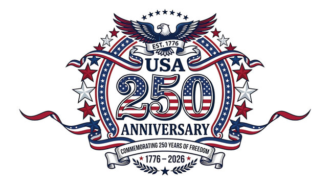 Usa 250th anniversary logo, 17762026 commemorating 250 years of freedom, patriotic american eagle emblem with stars and stripes design, vector illustration