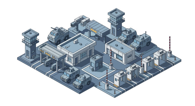 Isometric military base with buildings and vehicles.