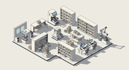 Isometric view of a modern office space with workstations and bookshelves. © Vario