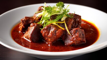 Fototapeta premium Juicy Tender Meat Stew in Spicy Broth Garnished with Herbs and Aromatic Green Onions Served in a White Bowl on a Dark Background