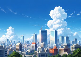 Obraz premium Cityscape with modern skyscrapers and clouds.