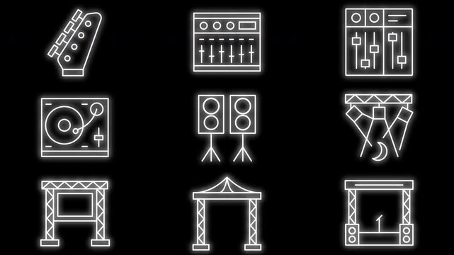 Abstract Geometric Shapes and Music Equipment Icons on Black Background.