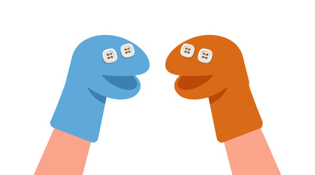 Two colorful sock puppets facing each other in conversation.