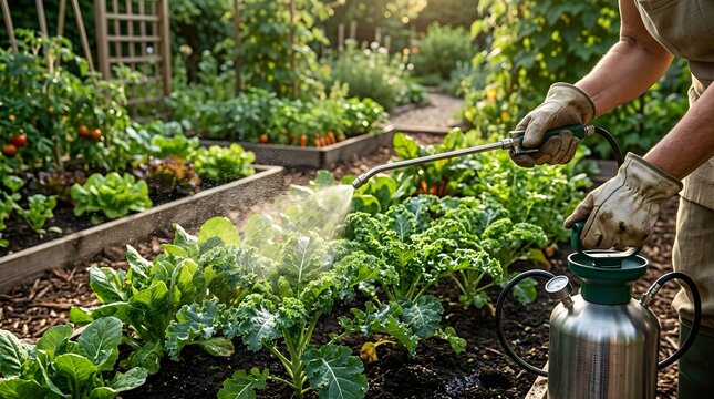 Gardener using handheld pump sprayer to apply fertilizer or water mist to organic kale plants in a lush residential vegetable garden plot with gardening gardener vegetables outdoors