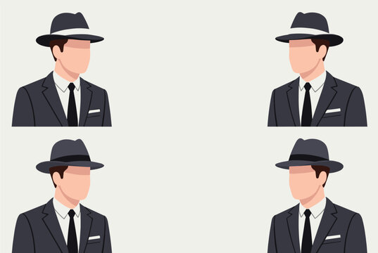 Illustration of four identical men wearing dark suits and fedora hats with faceless features arranged in a grid pattern on a plain background.