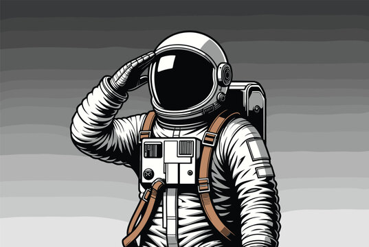 Astronaut in a full space suit with a dark visor giving a formal salute against a background of horizontal grey gradient stripes in space art.