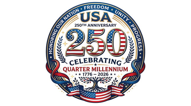 Usa 250th anniversary logo, celebrating quarter millennium 17762026, honoring our nation freedom unity progress, patriotic emblem with american flag design