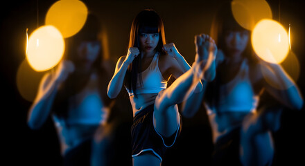 Naklejka premium Determined Young Asian Woman Practicing Kickboxing in Dramatic Blue and Orange Light