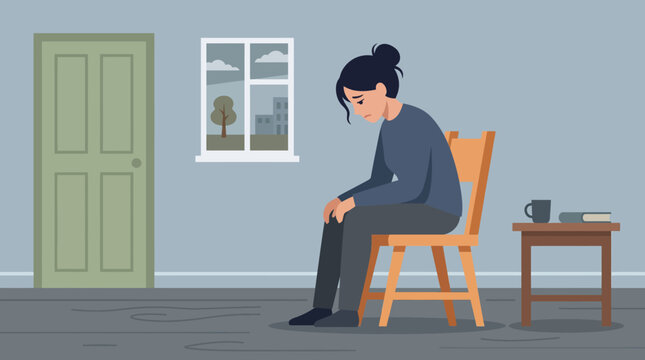 A woman sitting alone on a chair in a room feeling sad and depressed.
