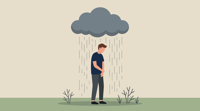 A man standing under a rainy cloud.