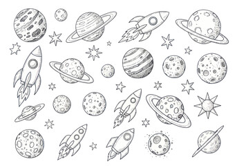 Hand-drawn sketch collection of celestial bodies and rockets in outer space. © Sapu
