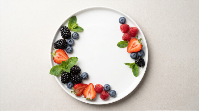 Fresh mixed berries and mint leaves arranged in a circular pattern on a white plate, top view, healthy food concept