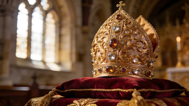 mitre. Ornate golden bishop's mitre with gemstones on velvet in cathedral light. event programs, museum guides, designed for cultural heritage projects and event programs.