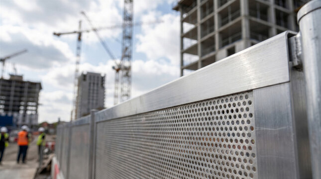 Perforated metal construction site hoarding fence panel in front of a building site with cranes and workers in the background