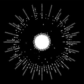 Circular radial pattern of binary code digits zero and one arranged in a sunburst formation on a solid black background as a digital data concept