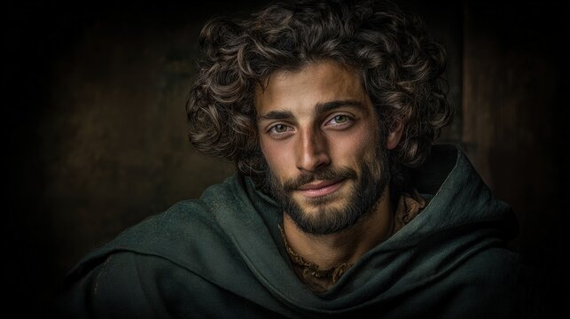 Europe medieval lifestyle. A closeup portrait of a man with curly, wavy hair and a beard. He wears a dark green cloak draped over his shoulders and a gold necklace. The mans eyes are a striking blue.