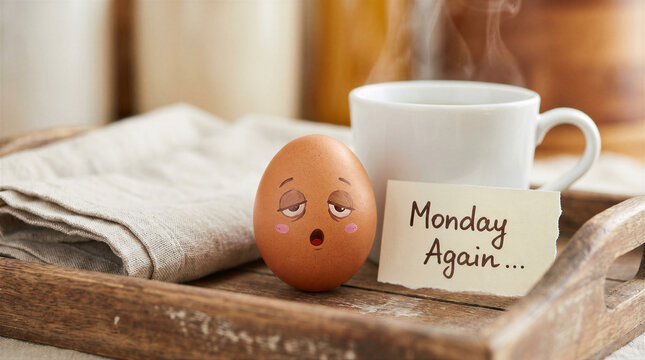 Tired egg with a sleepy face expression next to a cup of hot coffee and a note saying monday again on a wooden tray