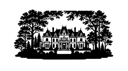 Fototapeta premium Black and white silhouette of a grand manor house surrounded by trees