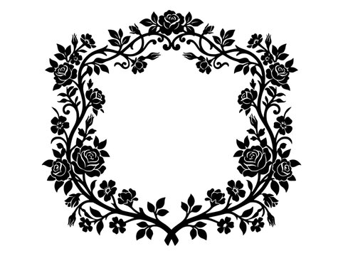 Black Silhouette Rose Floral Wreath and Decorative Frame Vector