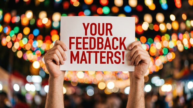 Hands holding sign that says your feedback matters