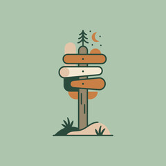 A minimalist wooden signpost stands in a quiet forest clearing © Dwi