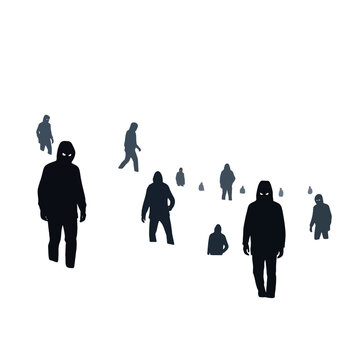 Silhouettes of mysterious hooded figures walking on a white background