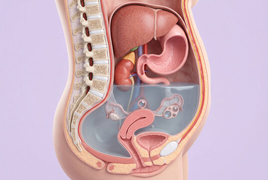腹水症を示す腹部断面の3D医療イラスト｜腹腔内液体貯留と内臓解剖図