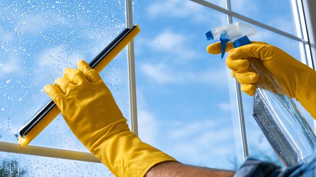 Professional Window Cleaner Wearing Yellow Rubber Gloves Cleaning Glass