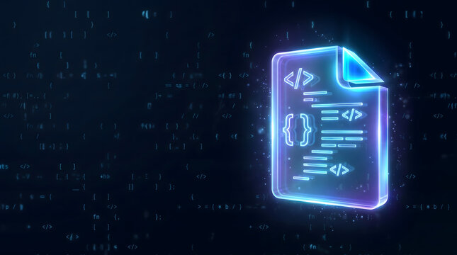 Glowing 3D code file icon with folded corner on a dark programming symbols background for developers